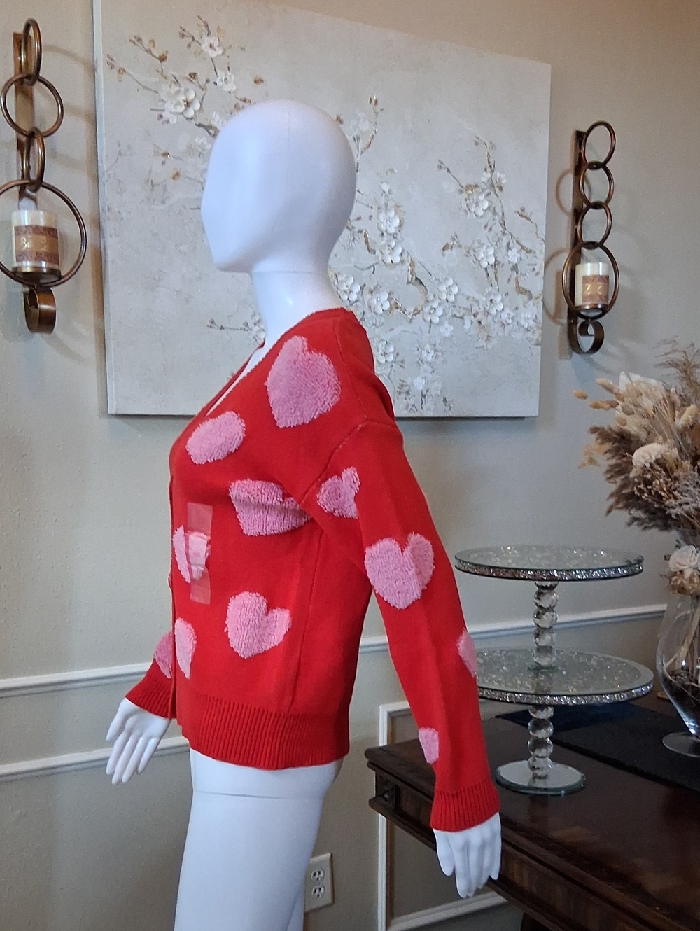 New Women's Heart Print V-neck Red And Pink Oversize Knit Glam Cardigan XXS - Picture 9 of 17